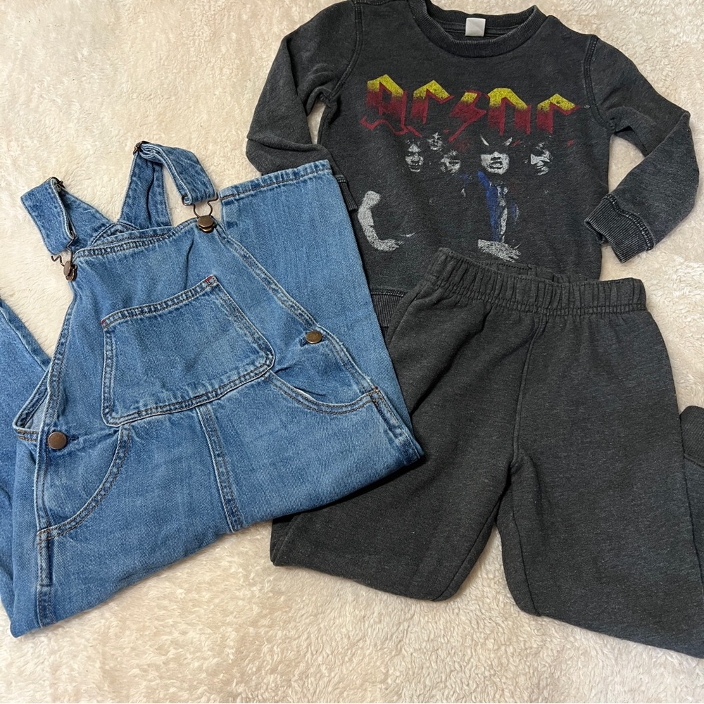 3T Kids Gray Graphic Sweatshirt Pants and Blue Denim Overalls Set